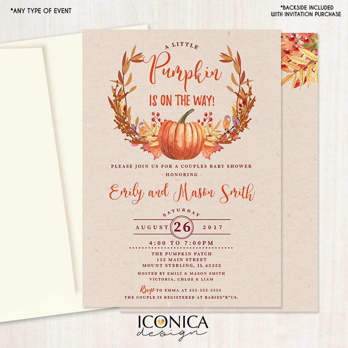 Pumpkin Couples Baby Shower Invitation, Little Pumpkin Cards, Pumpkin Patch, October Baby, Pumpkin Themed Printed or Printable File IBS0014