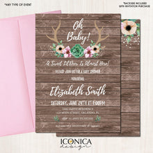 Load image into Gallery viewer, Antlers Baby Shower Invitation, Floral Antlers Invitation, Rustic Deer Invites, Succulents, Printed or Printable File, Free Shipping IBS0010
