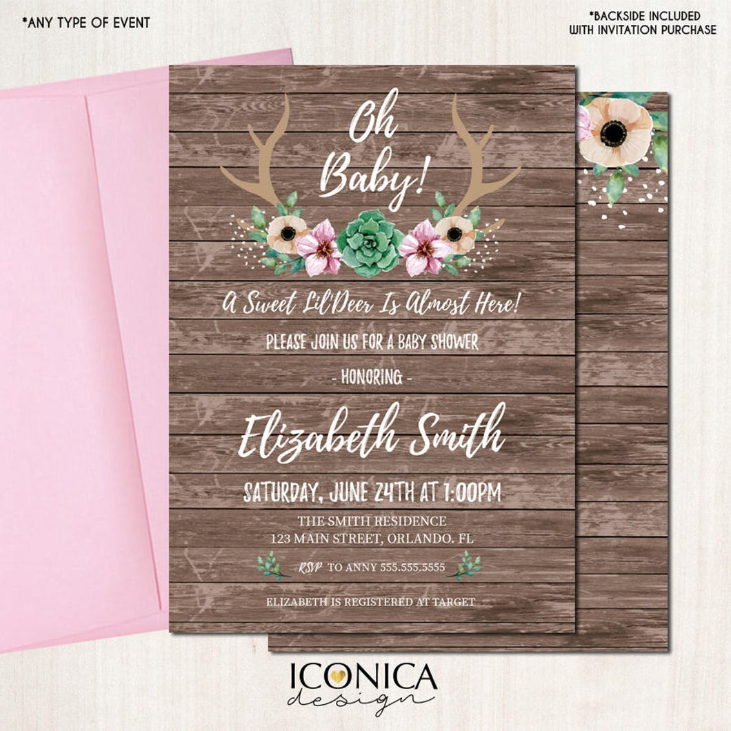 Antlers Baby Shower Invitation, Floral Antlers Invitation, Rustic Deer Invites, Succulents, Printed or Printable File, Free Shipping IBS0010