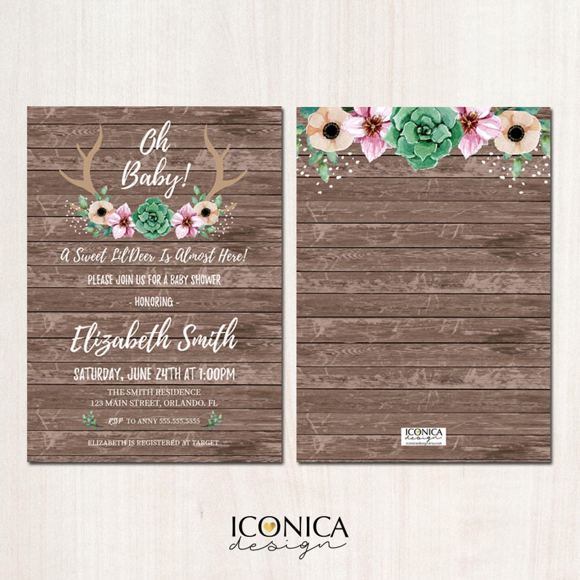 Antlers Baby Shower Invitation, Floral Antlers Invitation, Rustic Deer Invites, Succulents, Printed or Printable File, Free Shipping IBS0010