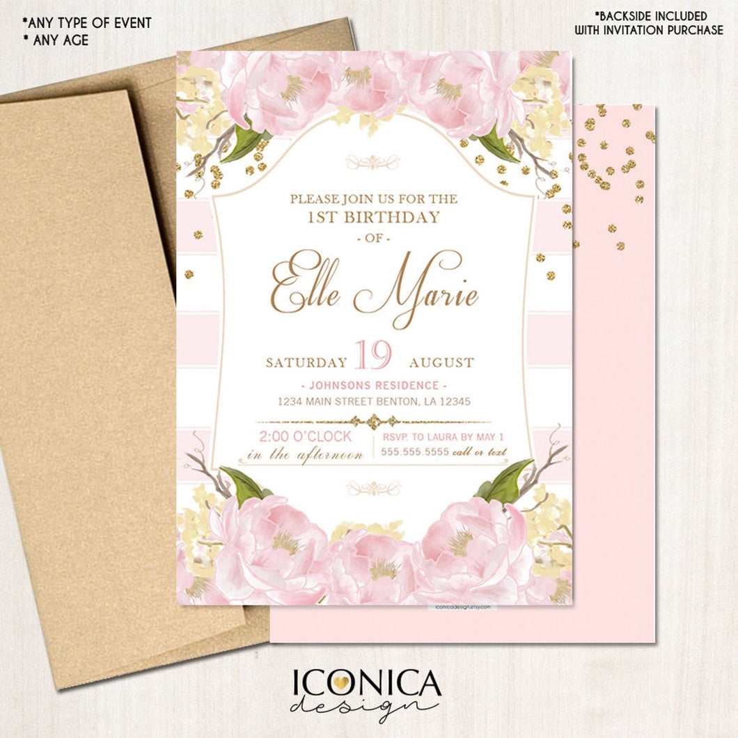 Floral First Birthday Invitation,Floral Pink and White Stripes Invite,Pink Peonies 1st Birthday Invitation,Printed Or Printable File IBD0034