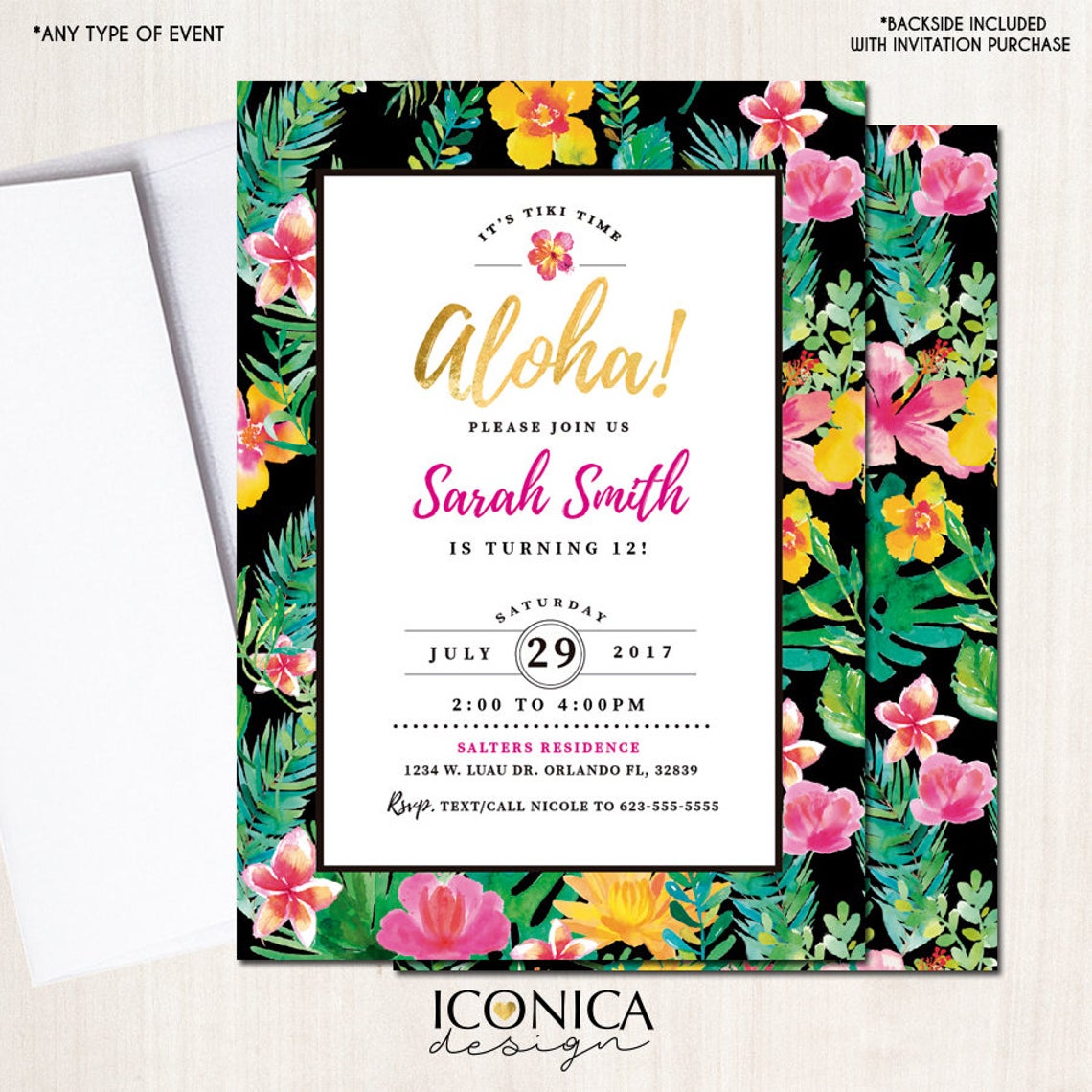 Luau Birthday Party Invitation, Pool Party, Hawaiian Party, Tiki Birthday Invitation, Tropical Invites,Digital or Printed Invitation IBD0036