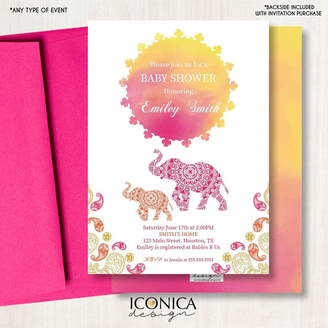 Moroccan Baby Shower Invitation, Moroccan Decor. Elephant Invitation,  Personalize, Arabian Decor Printed -Printable, IBS0012
