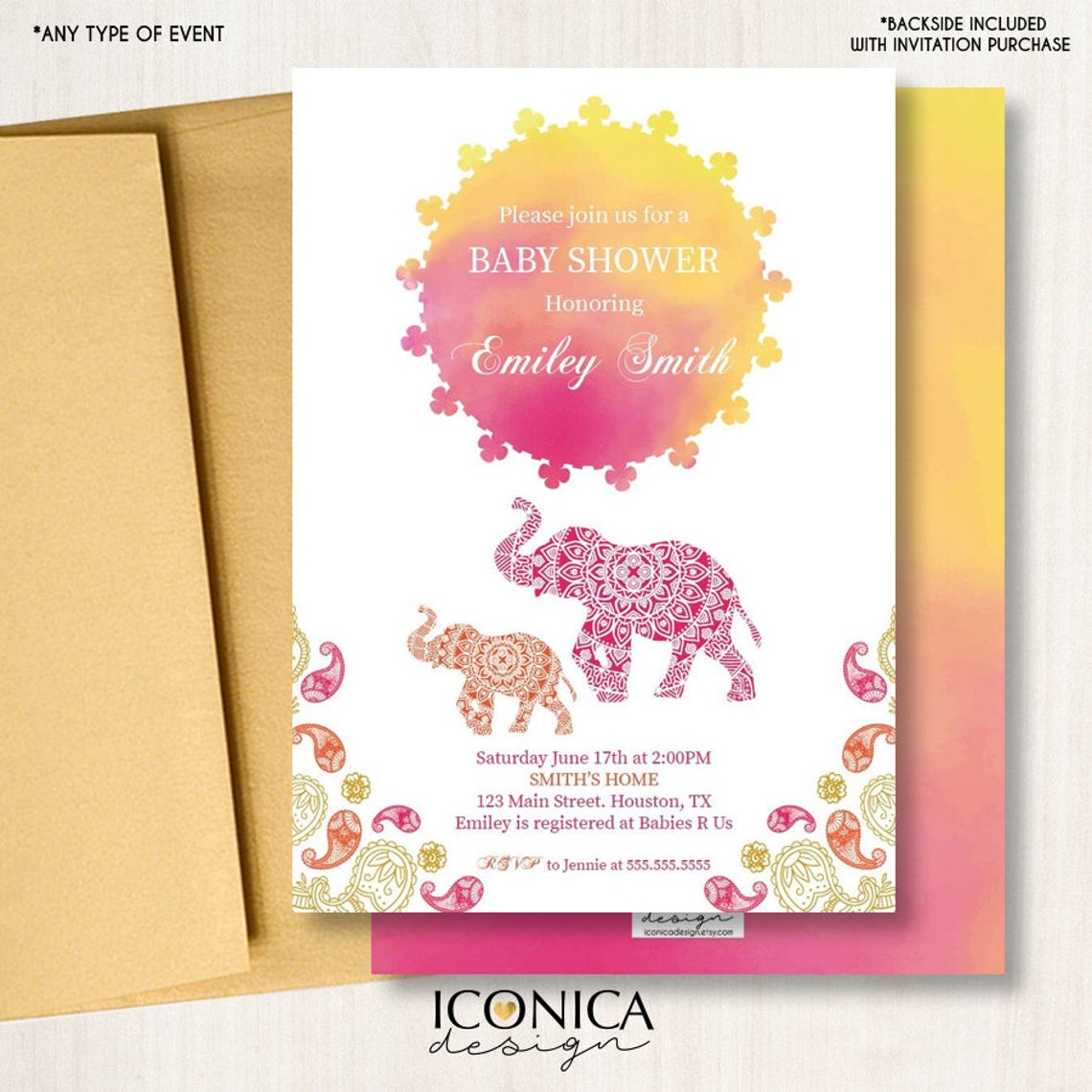 Moroccan Baby Shower Invitation, Moroccan Decor. Elephant Invitation,  Personalize, Arabian Decor Printed -Printable, IBS0012