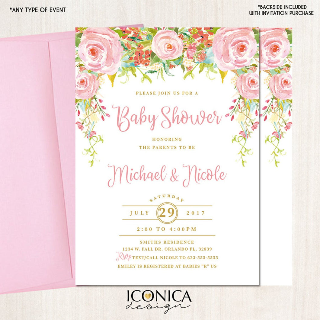 Girl baby shower invitations, Floral Baby Shower Invitation, garden baby shower invitations, It's a Girl, Printed Or Printable File IBS0016