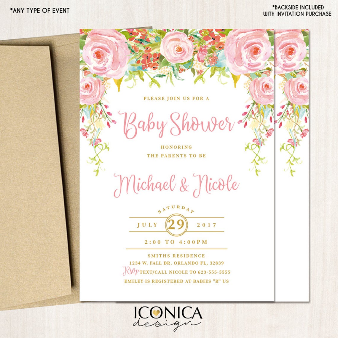 Girl baby shower invitations, Floral Baby Shower Invitation, garden baby shower invitations, It's a Girl, Printed Or Printable File IBS0016