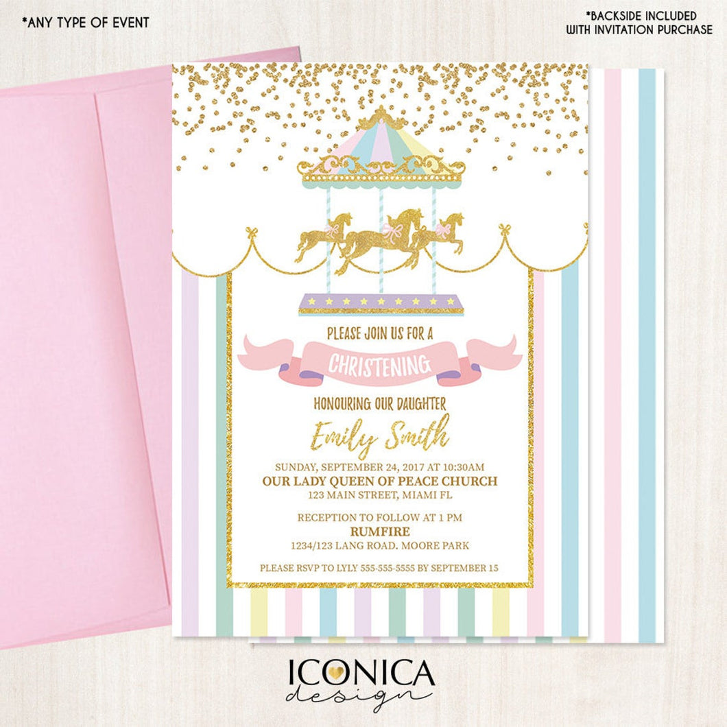 Carousel Invitation, Carousel Christening or Baptism Invite, Circus Girl Invitation, Any Event, Printed Or Printable File ICH0003