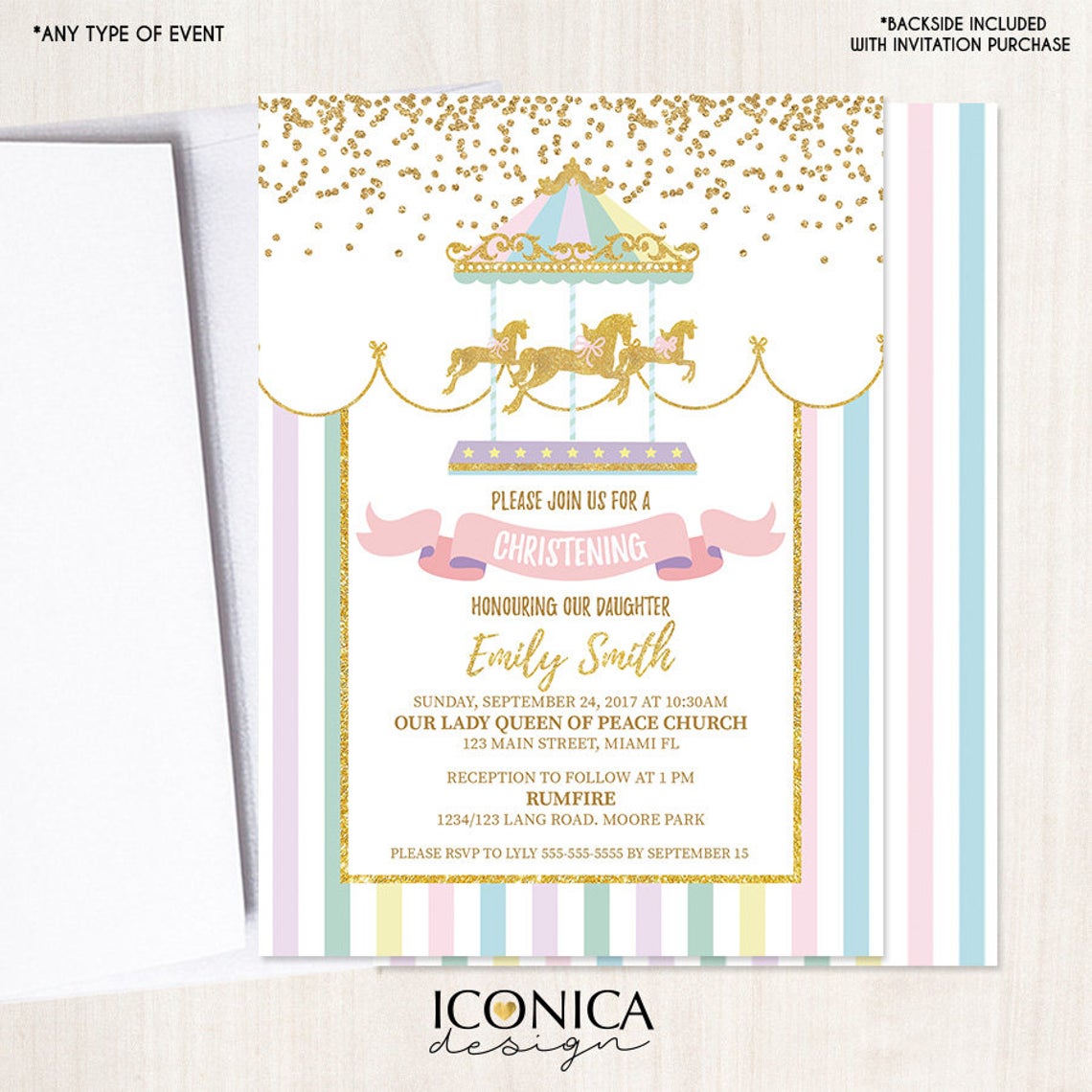 Carousel Invitation, Carousel Christening or Baptism Invite, Circus Girl Invitation, Any Event, Printed Or Printable File ICH0003