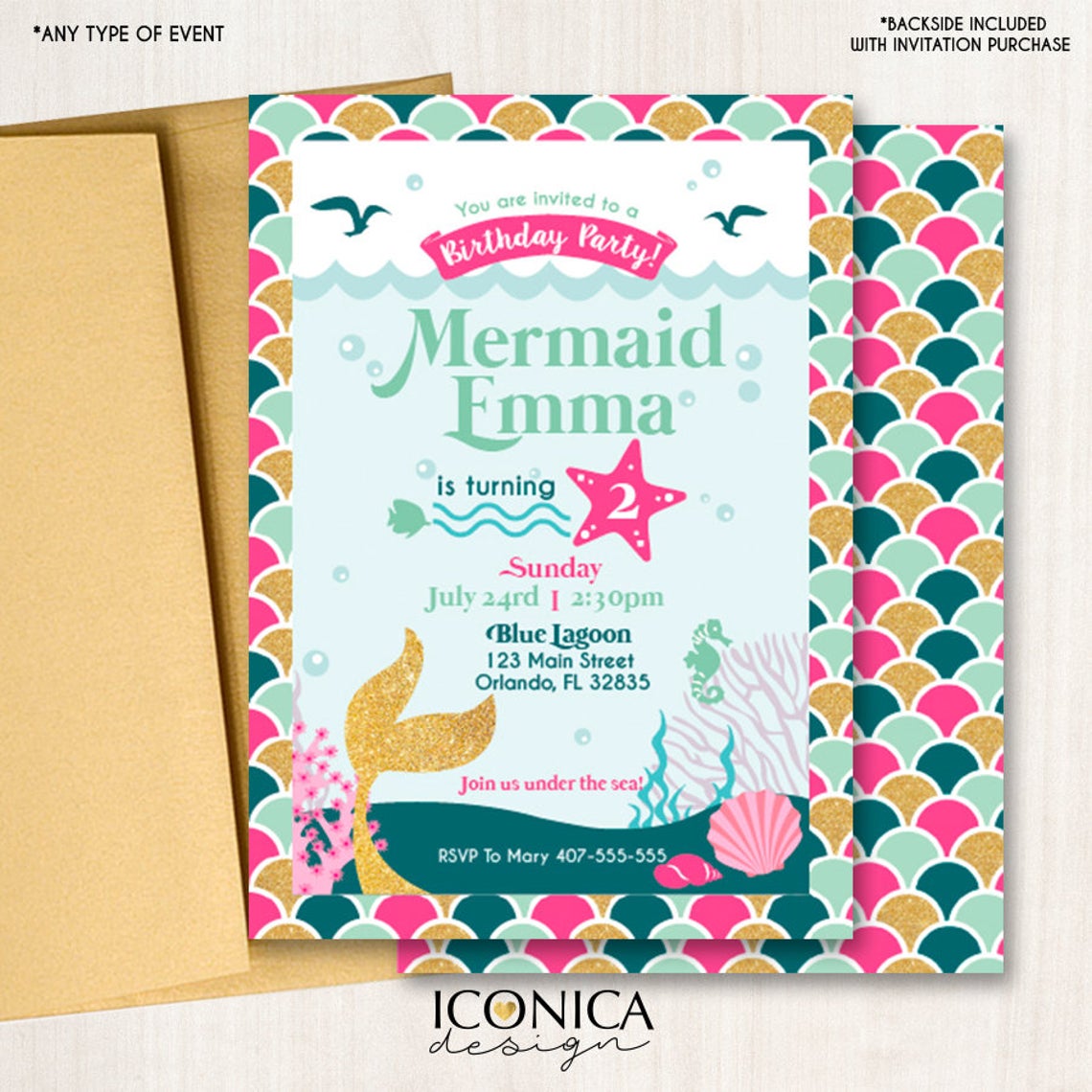 Mermaid Party Invitation, Mermaid 1st Birthday Party or any age or colors - Pink Gold Teal mermaid party, Printed or Printable File IBD0038