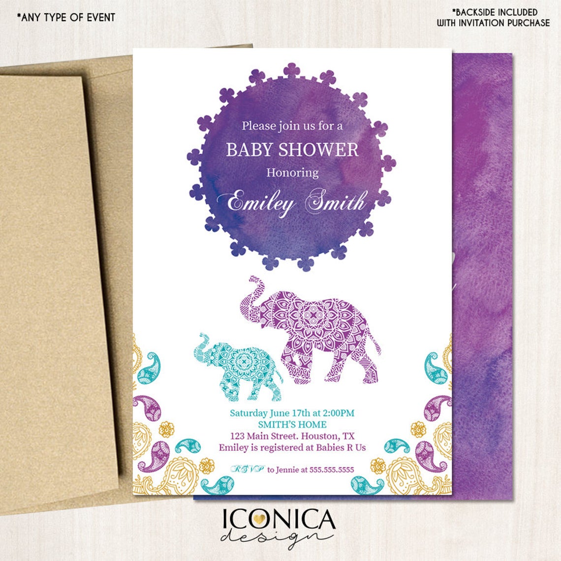 Moroccan Baby Shower Invitation, Watercolor Sunset, Elephant