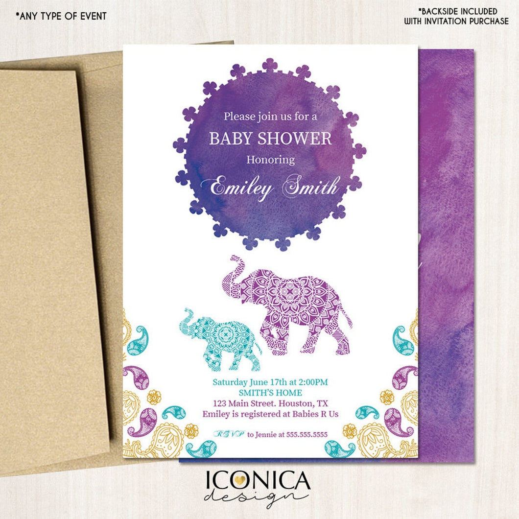 Moroccan Baby Shower Invitation, Watercolor Sunset, Elephant Invitation, Indian Party, Etnic, Arabian Printed Or Printable File IBS0017