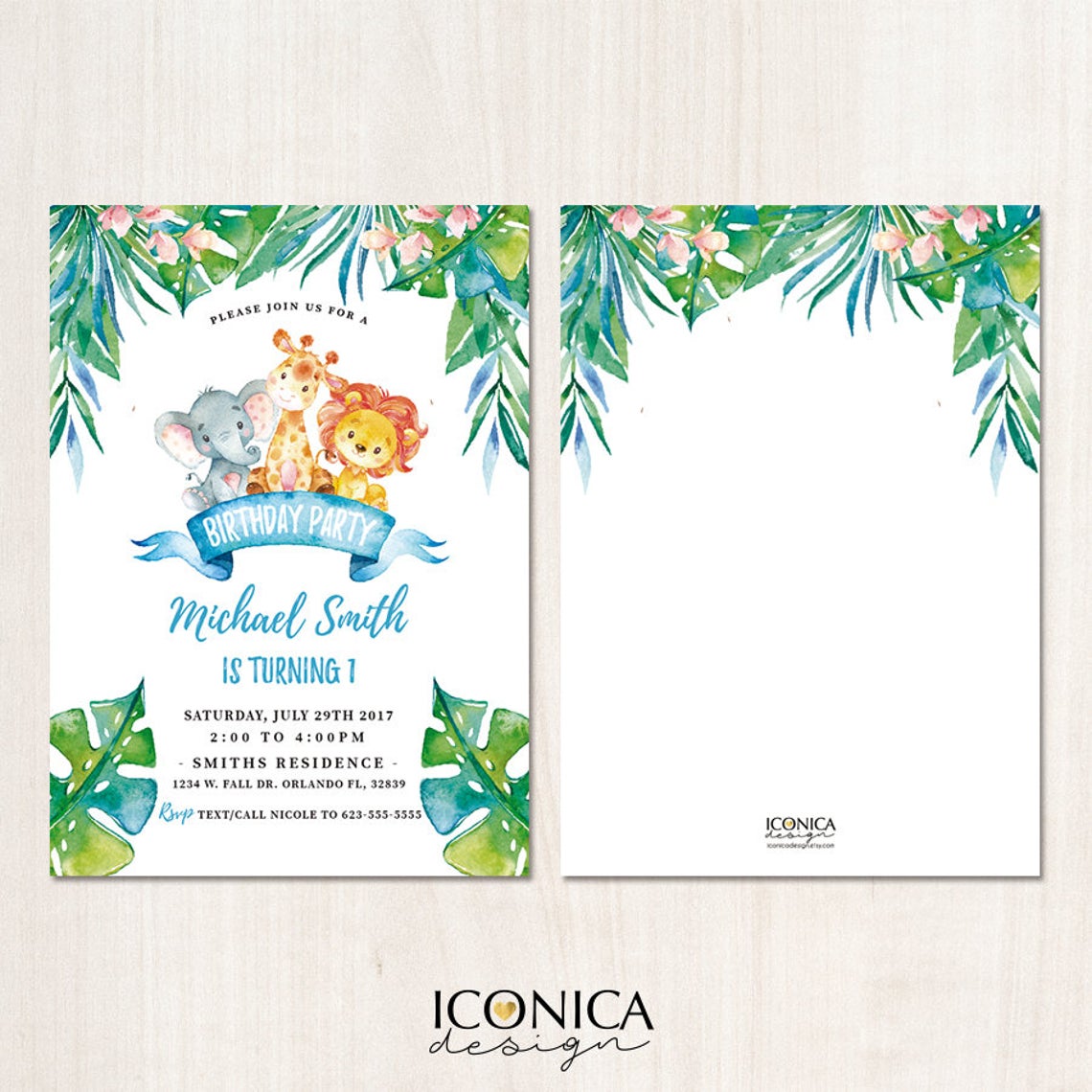 Safari First Birthday Invitations, any age, Party Animals, Jungle Party, Printed or Printable File, Free shipping IBD0051