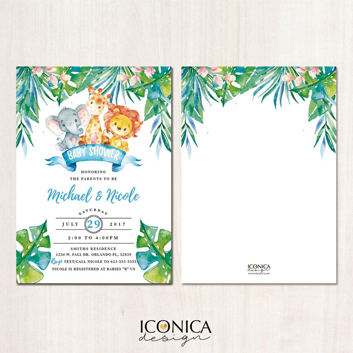 Safari Baby Shower Invitations, Party Animals, Animals Party,Jungle, Watercolor, Printed or Printable File, Free shipping IBS0018