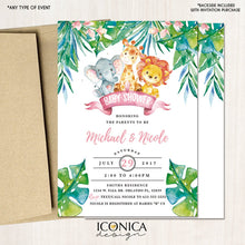 Load image into Gallery viewer, Safari Baby Shower Invitations, Party Animals, Jungle Animals Party,Jungle Baby Shower, Watercolor, Printed or Printable File, Free shipping
