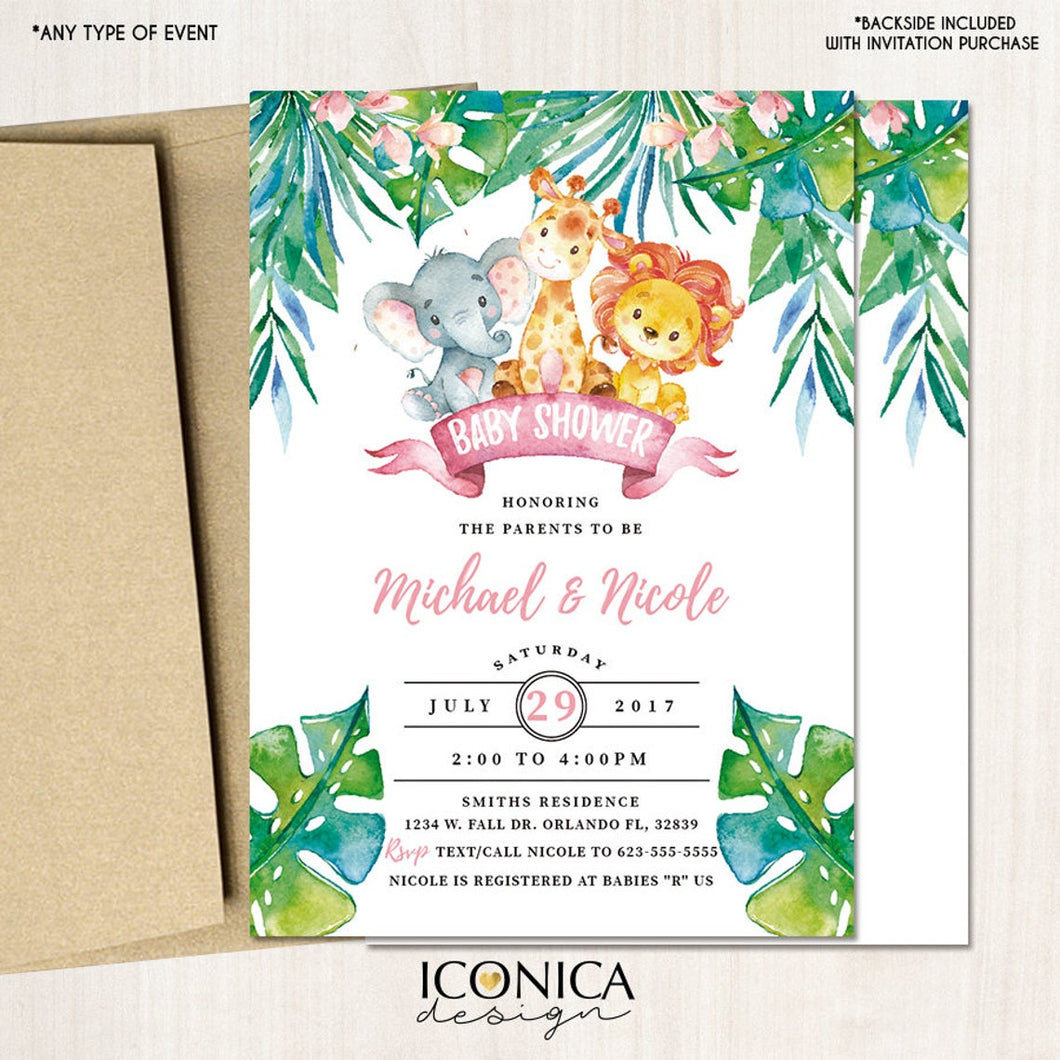 Safari Baby Shower Invitations, Party Animals, Jungle Animals Party,Jungle Baby Shower, Watercolor, Printed or Printable File, Free shipping