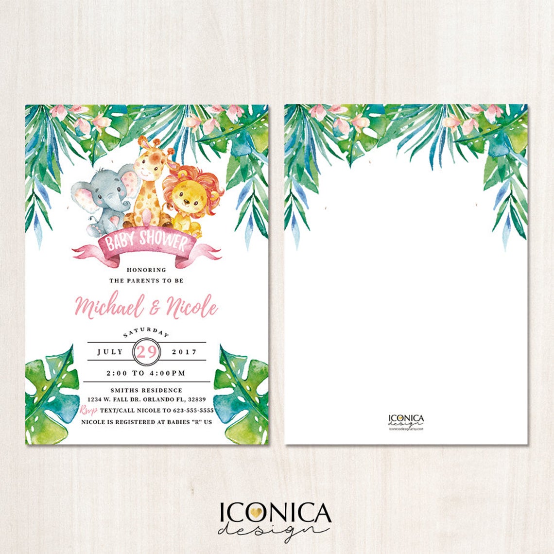 Safari Baby Shower Invitations, Party Animals, Jungle Animals Party,Jungle Baby Shower, Watercolor, Printed or Printable File, Free shipping