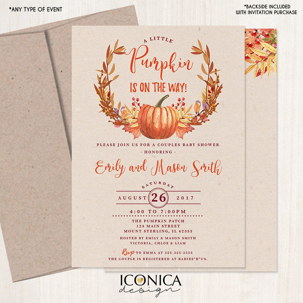 Pumpkin Couples Baby Shower Invitation, Little Pumpkin Cards, Pumpkin Patch, October Baby, Pumpkin Themed Printed or Printable File IBS0014