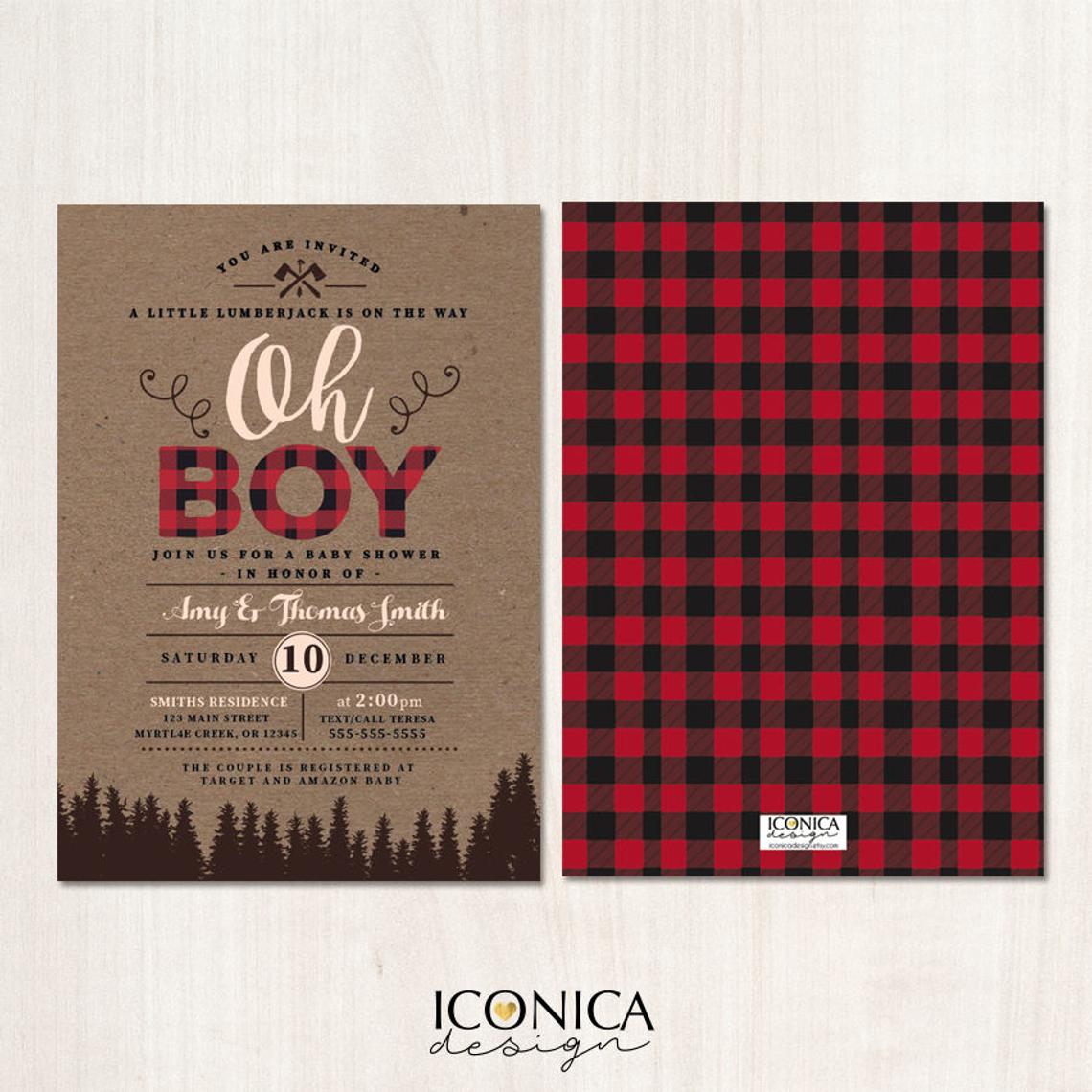 Lumberjack Twin Baby Shower Invitation,Lumberjack Baby Shower cards,Buffalo check,Oh Babies invitation, Baby Boy, Free Shipping IBS0031