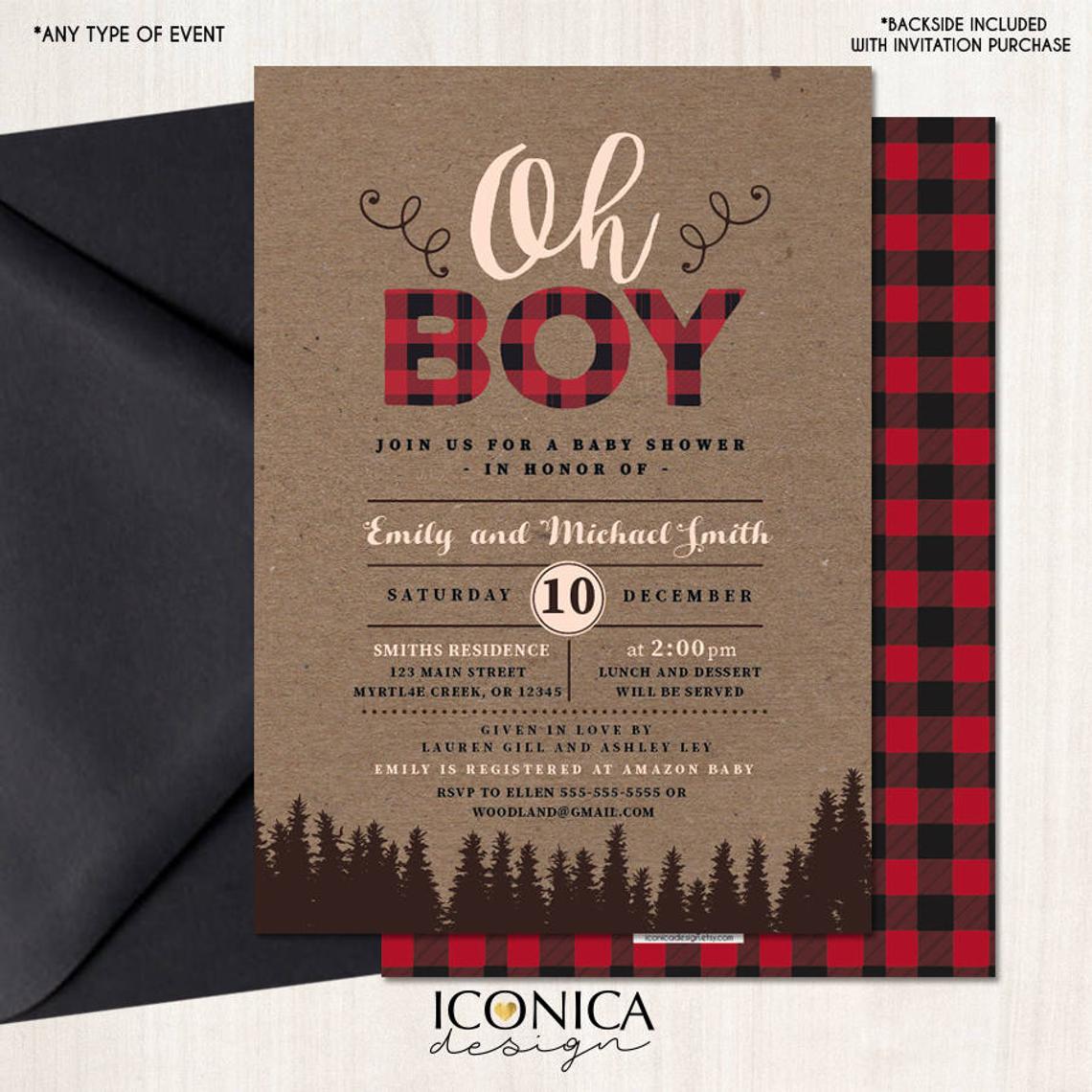Lumberjack Baby Shower Invitation Plaid Wilderness Camping