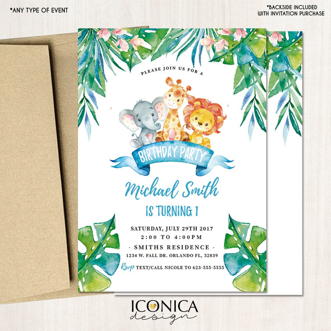 Safari First Birthday Invitations, any age, Party Animals, Jungle Party, Printed or Printable File, Free shipping IBD0051