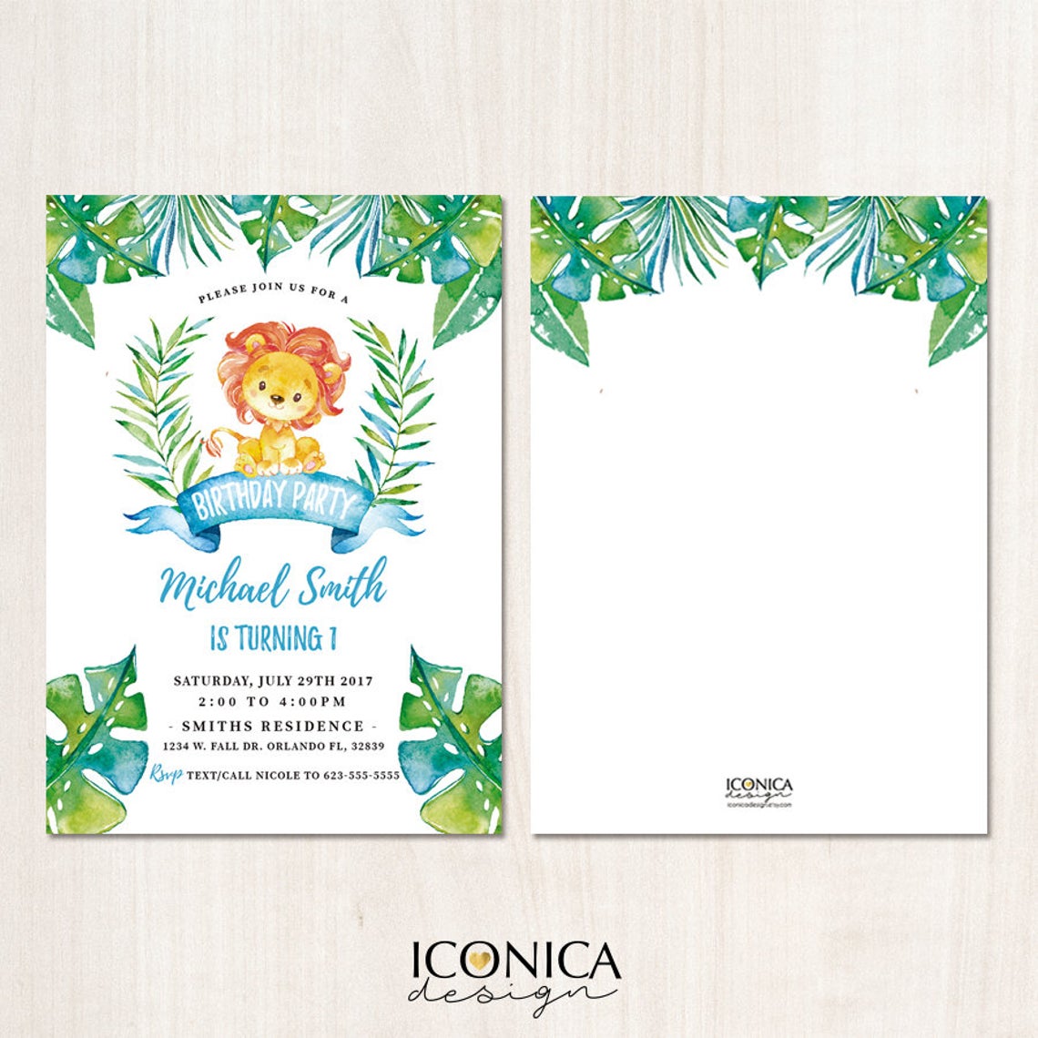 Lion First Birthday Invitations, any age, Party Animals, Giraffe Party Invitation, Jungle Party, Printed or Printable File, Free shipping