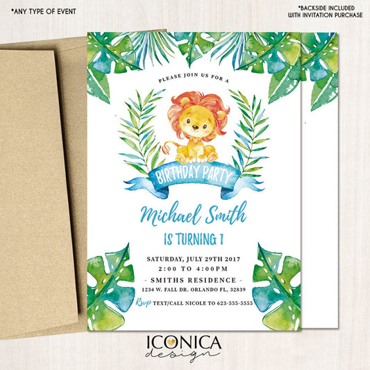Lion First Birthday Invitations, any age, Party Animals, Giraffe Party Invitation, Jungle Party, Printed or Printable File, Free shipping