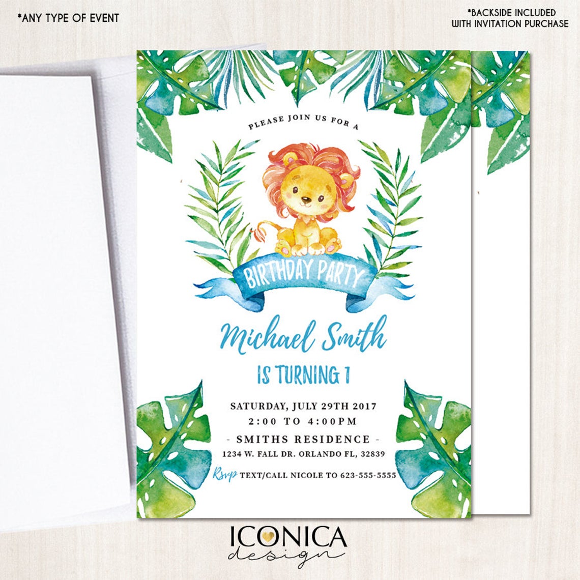 Lion First Birthday Invitations, any age, Party Animals, Giraffe Party Invitation, Jungle Party, Printed or Printable File, Free shipping