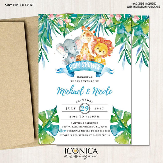 Safari Baby Shower Invitations, Party Animals, Animals Party,Jungle, Watercolor, Printed or Printable File, Free shipping IBS0018