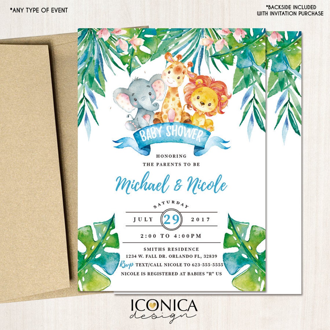Safari Baby Shower Invitations, Party Animals, Jungle Animals Party,Jungle Baby Shower, Watercolor, Printed or Printable File, Free shipping