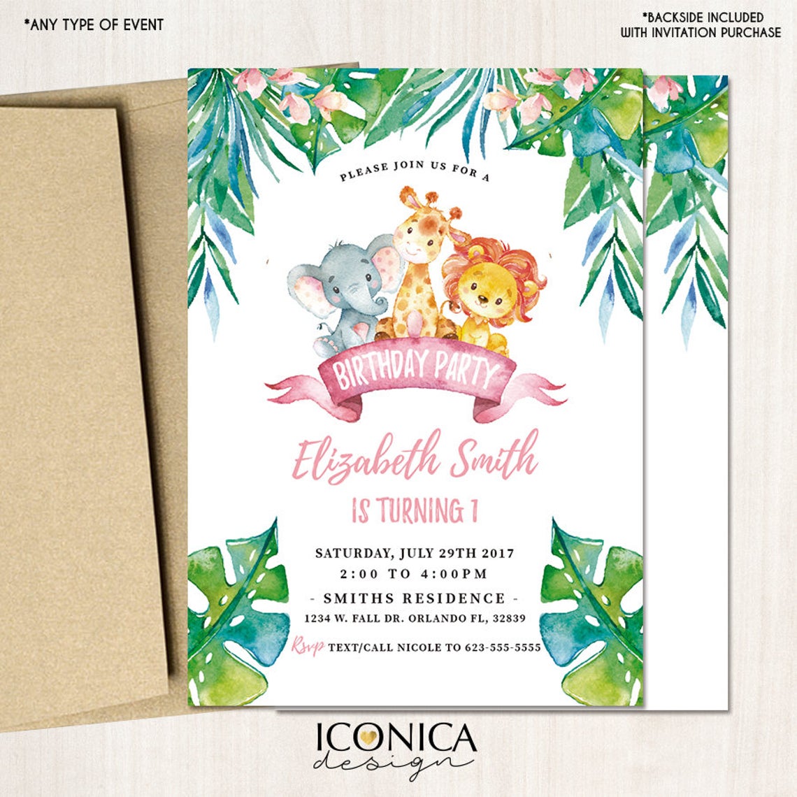 Safari First Birthday Invitations, any age, Party Animals, Jungle Part – Iconica Design for Free Printable First Birthday Party Invitations