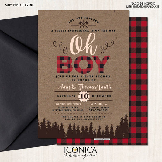 Lumberjack Baby Shower Invitation, buffalo check Invitation, Oh Boy card, Free Shipping IBS0002