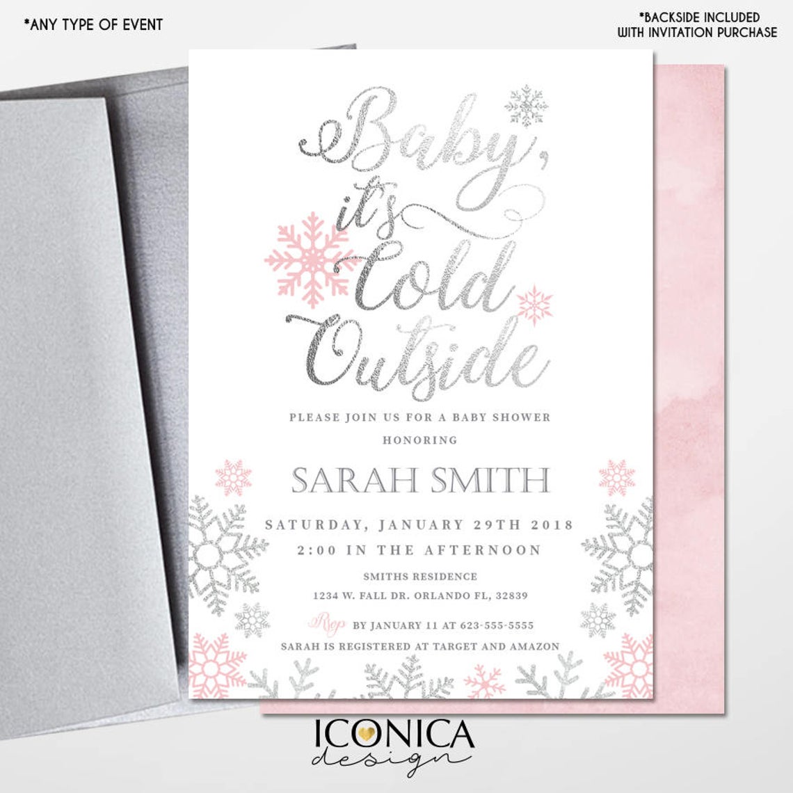 Winter Pink Silver Snowflake Baby Shower Invitations