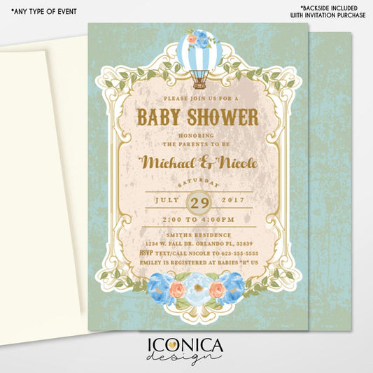 Vintage Baby Shower Invitation,Hot Air Balloon Invitation,Oh Baby The places you'll go,Gender Reveal Party,Printed or Printable File IBS0023