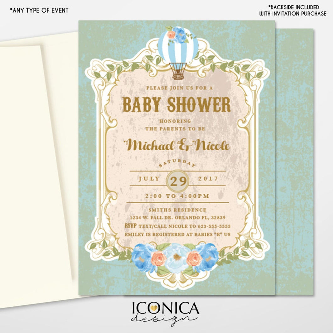 Vintage Baby Shower Invitation,Hot Air Balloon Invitation,Oh Baby The places you'll go,Gender Reveal Party,Printed or Printable File IBS0023