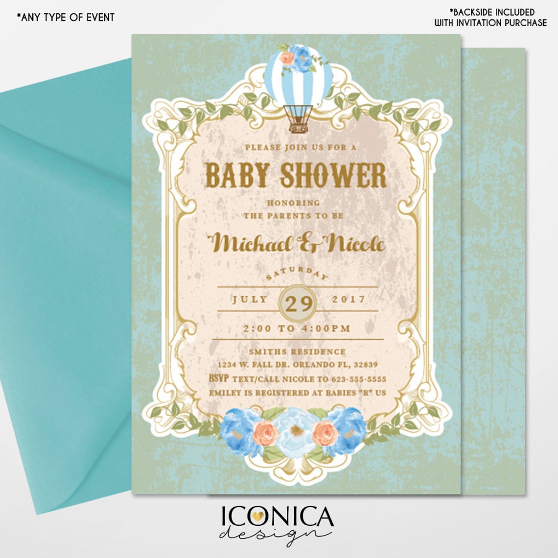 Vintage Baby Shower Invitation,Hot Air Balloon Invitation,Oh Baby The places you'll go,Gender Reveal Party,Printed or Printable File IBS0023