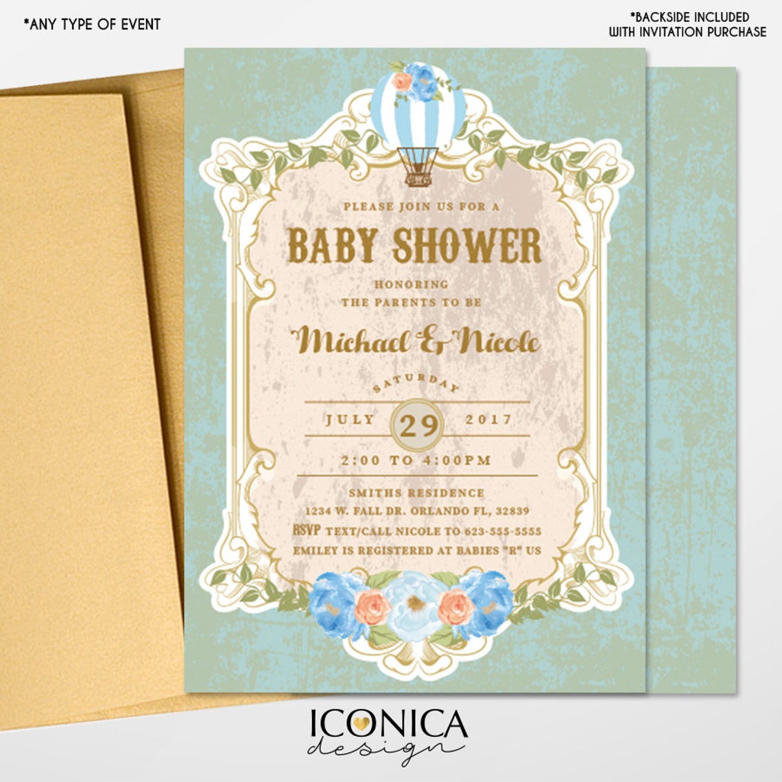 Vintage Baby Shower Invitation,Hot Air Balloon Invitation,Oh Baby The places you'll go,Gender Reveal Party,Printed or Printable File IBS0023