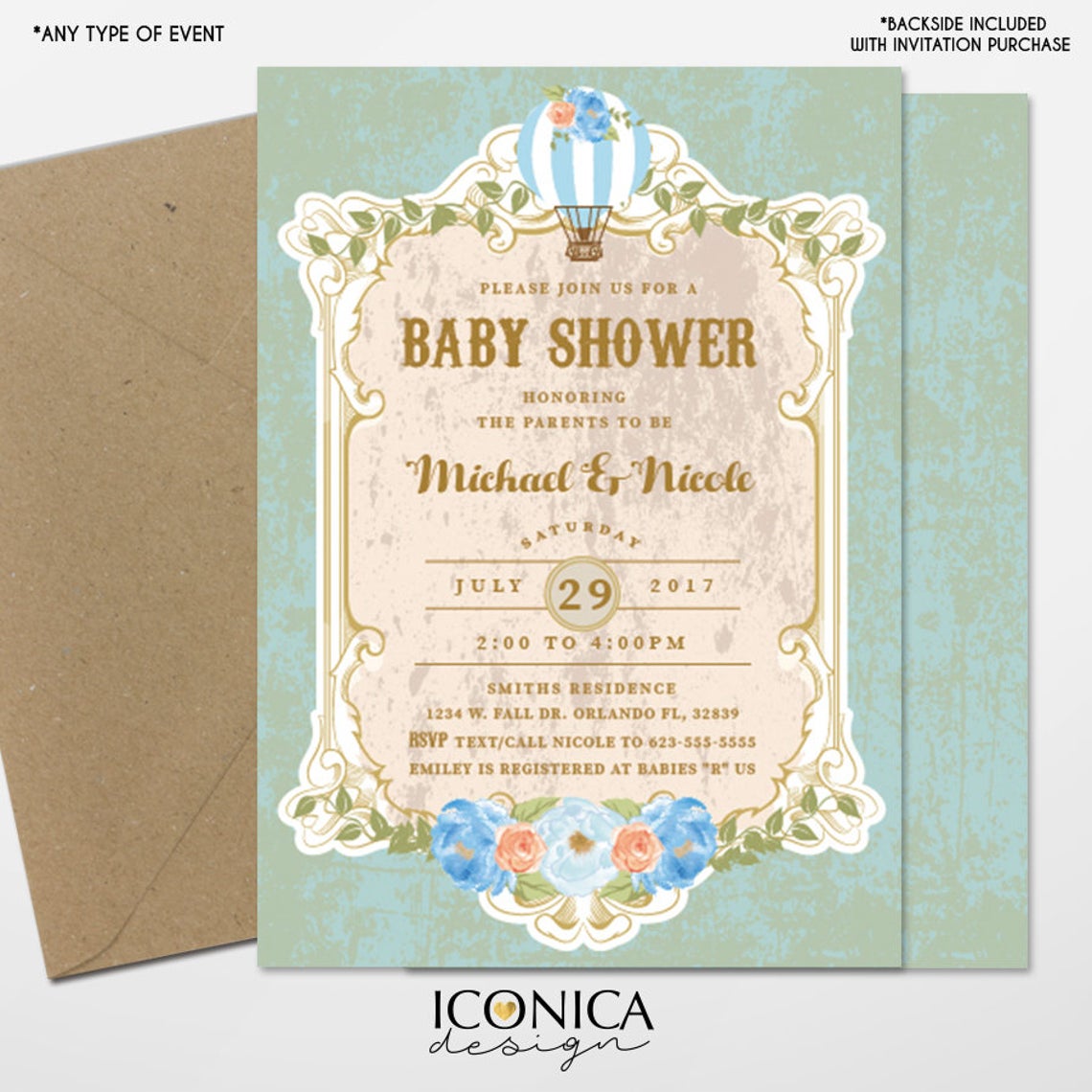 Vintage Baby Shower Invitation,Hot Air Balloon Invitation,Oh Baby The places you'll go,Gender Reveal Party,Printed or Printable File IBS0023