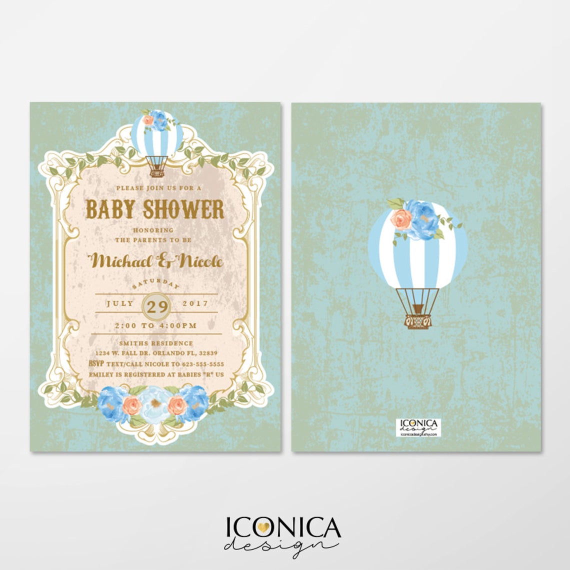 Vintage Baby Shower Invitation,Hot Air Balloon Invitation,Oh Baby The places you'll go,Gender Reveal Party,Printed or Printable File IBS0023