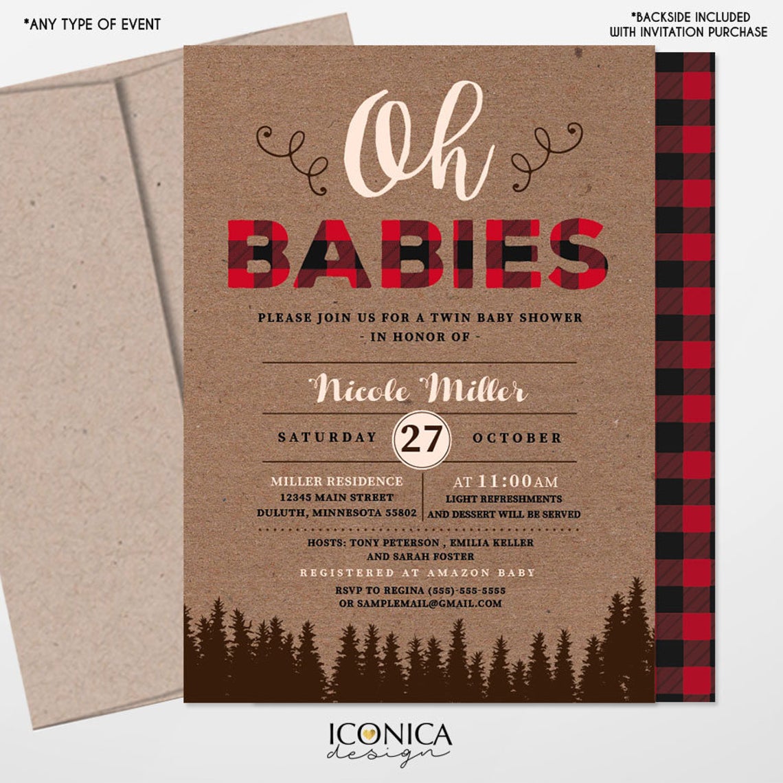 Lumberjack Baby Shower Invitation, Twin Baby Shower, Buffalo check Invitation, Oh Babies invitation, Baby Boy, Free Shipping IBS0026
