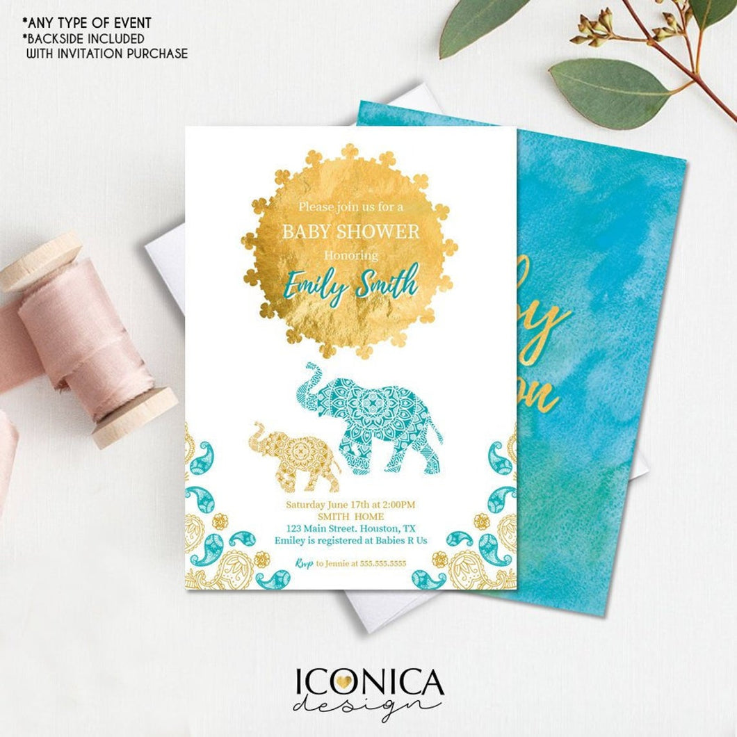 Moroccan Baby Shower Invitation, Watercolor Gold Sunset, Elephant Invitation, Indian Party, Etnic,Arabian Printed Or Printable File IBS0028