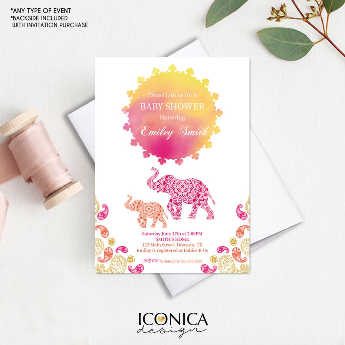 Moroccan Baby Shower Invitation, Moroccan Decor. Elephant Invitation,  Personalize, Arabian Decor Printed -Printable, IBS0012