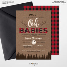 Load image into Gallery viewer, Lumberjack Twin Baby Shower Invitation,Lumberjack Baby Shower cards,Buffalo check,Oh Babies invitation, Baby Boy, Free Shipping IBS0031
