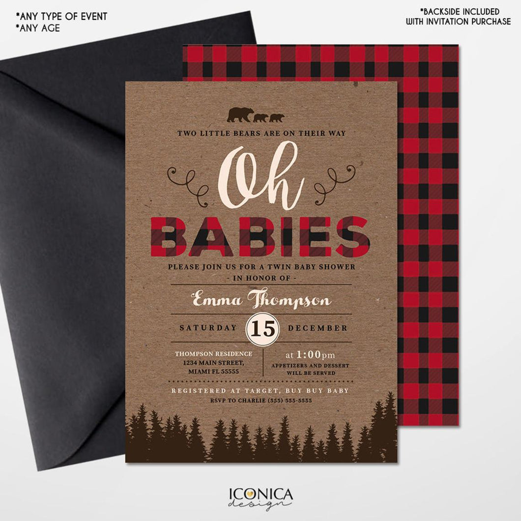 Lumberjack Twin Baby Shower Invitation,Lumberjack Baby Shower cards,Buffalo check,Oh Babies invitation, Baby Boy, Free Shipping IBS0031