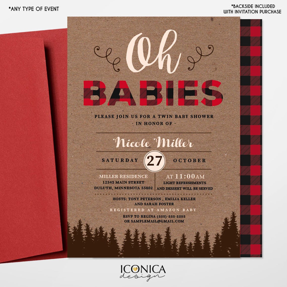 Lumberjack Baby Shower Invitation, Twin Baby Shower, Buffalo check Invitation, Oh Babies invitation, Baby Boy, Free Shipping IBS0026