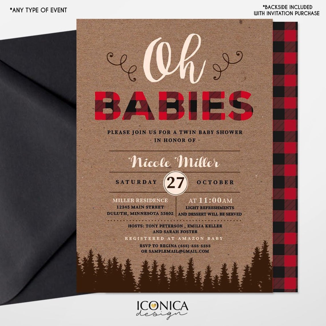 Lumberjack Baby Shower Invitation, Twin Baby Shower, Buffalo check Invitation, Oh Babies invitation, Baby Boy, Free Shipping IBS0026