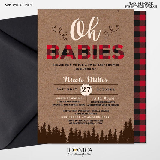 Lumberjack Baby Shower Invitation, Twin Baby Shower, Buffalo check Invitation, Oh Babies invitation, Baby Boy, Free Shipping IBS0026