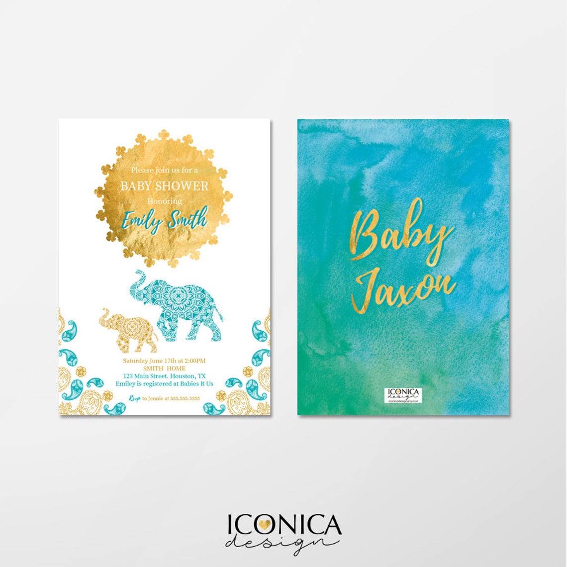 Moroccan Baby Shower Invitation, Watercolor Gold Sunset, Elephant Invitation, Indian Party, Etnic,Arabian Printed Or Printable File IBS0028