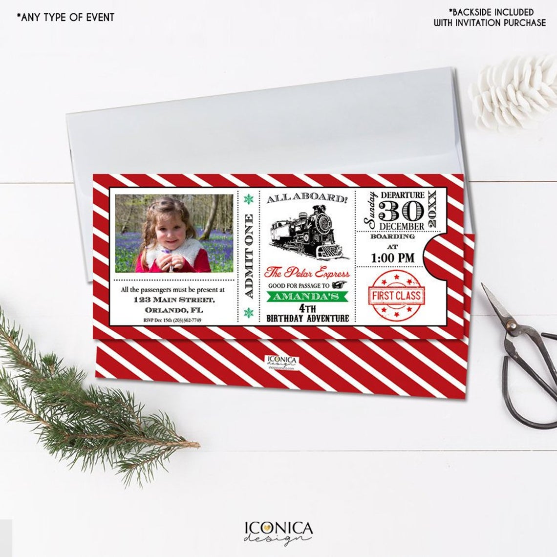 Train birthday invitation, Christmas photo cards, Vintage Train Party, Christmas Photo Cards, Printed or Printable File Free Shipping