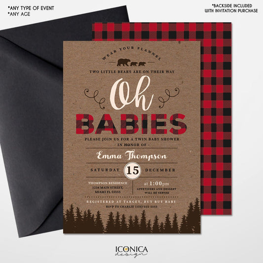 Lumberjack Baby Shower Invitation,Lumberjack Twin Baby Shower,Buffalo check Invitation,Oh Babies invitation, Baby Boy, Free Shipping IBS0030