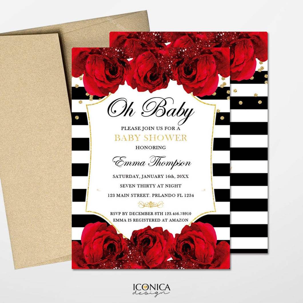 Baby Shower Invitation, Floral Red Roses Black and White invitations, Oh baby invitation, Printed Or Printable File IBS0027